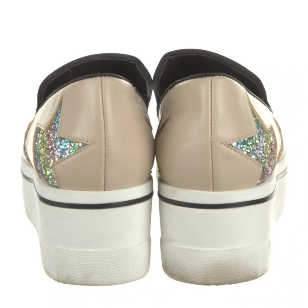 Stella McCartney Beige Platform Slip-On Sneakers with Holographic Star Appliques
